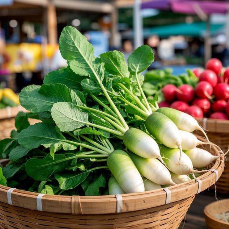 싱싱한 열무 다발이 나무 바구니에 담긴 모습, 배경은 밝고 따뜻한 여름 시장 분위기, 열무의 파릇한 잎과 하얀 뿌리가 강조된 자연스러운 색감, 한국 전통 채소의 신선함과 건강함을 담은 친근한 이미지