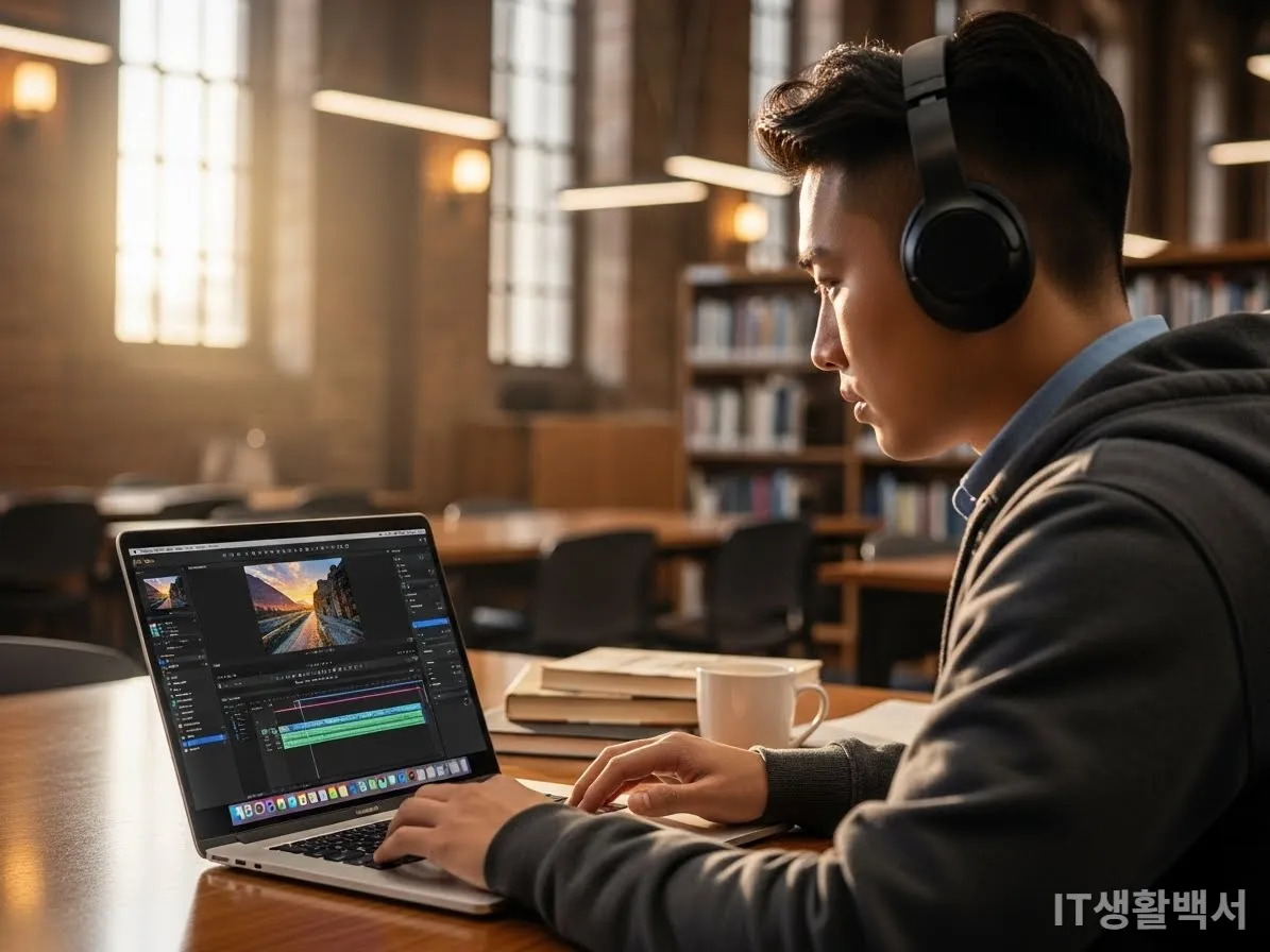 도서관에서 맥북 에어 M4로 영상 편집 과제를 하고 있는 한국 대학생의 모습