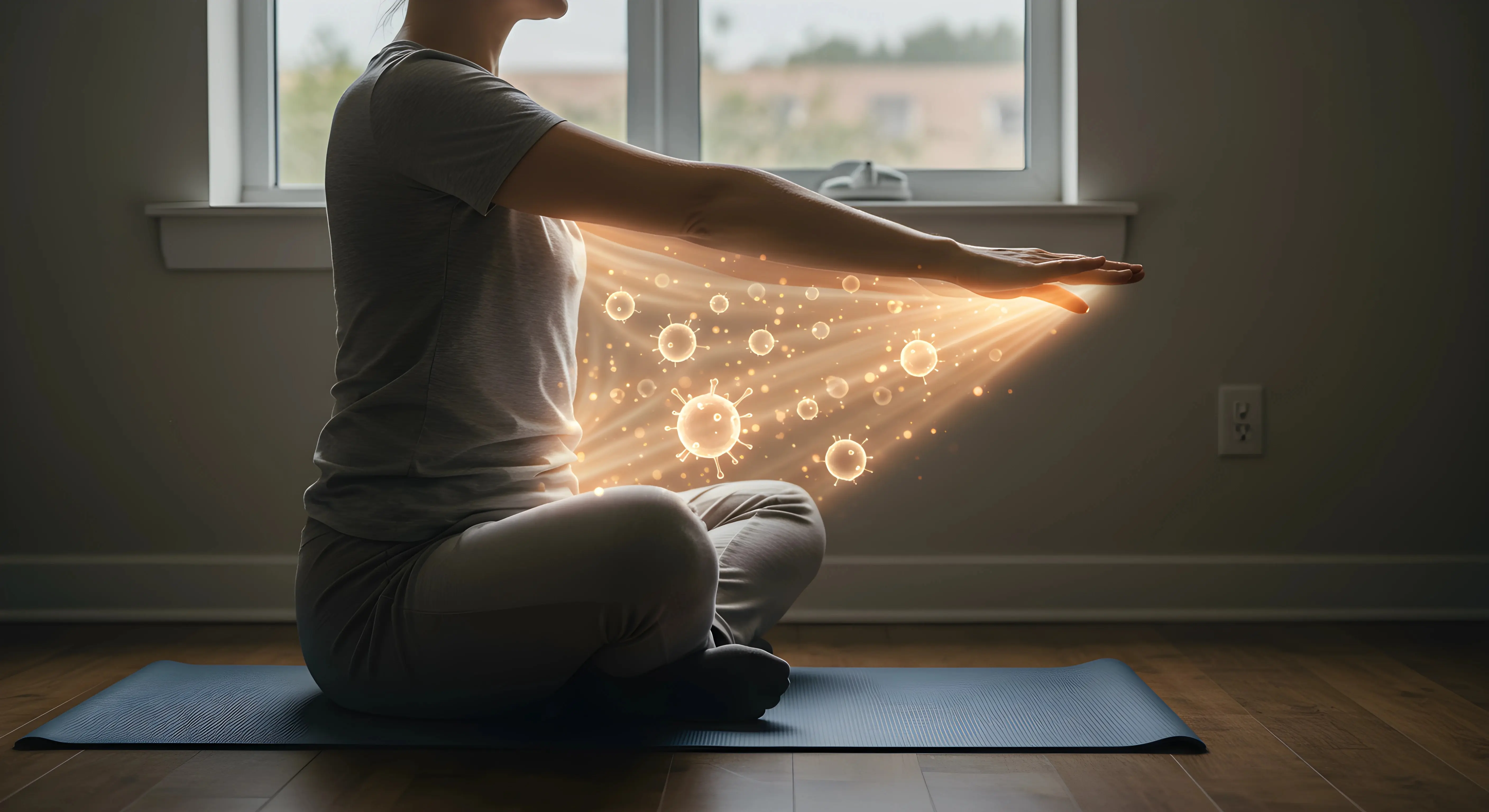 요가 매트 위에서 명상하는 사람의 손에서 나오는 자가포식을 상징하는 빛나는 세포 이미지