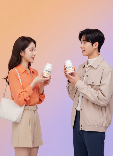 건기식에 대해 대화를 하는 남성과 여성