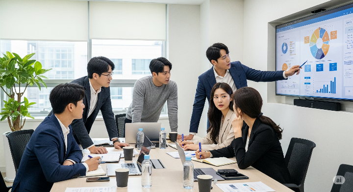 직장인들이 회의실에서 함께 미래를 논의하는 모습