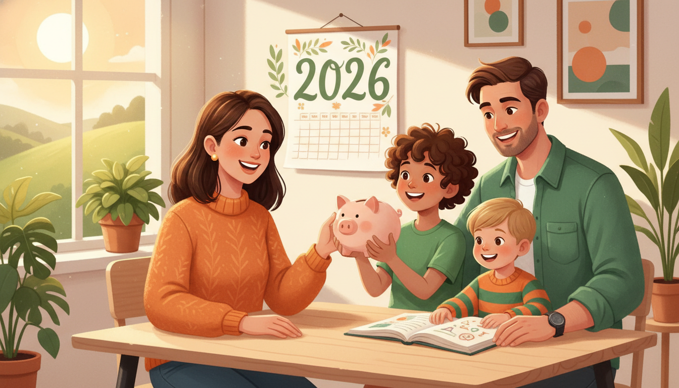 2026년 자녀장려금 신청을 통해 안정적인 미래를 꿈꾸는 가족의 모습, 초록빛과 주황빛으로 강조된 따뜻한 분위기