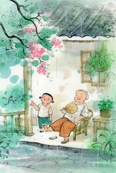 손에-부채를-들고-의자에-앉아-손자와-꽃나무를-바라보는-할머니