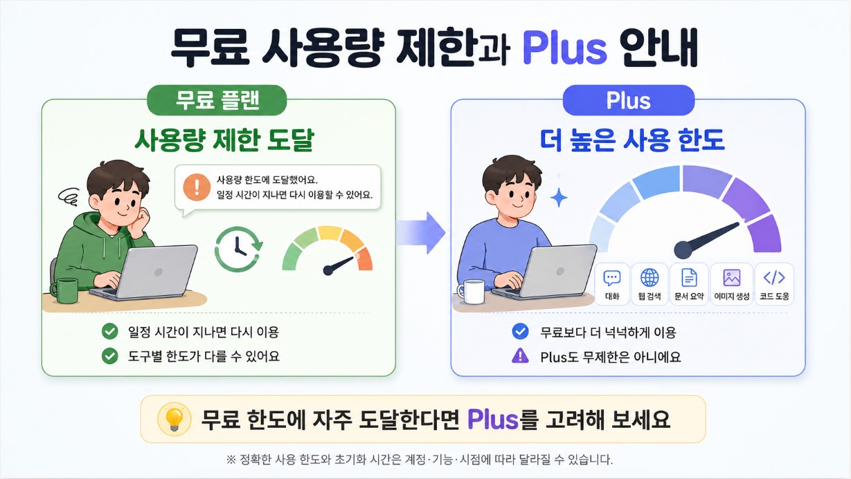 무료와 Plus 사용량 비교 안내