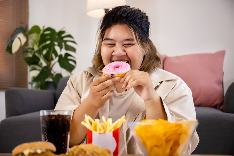 한 비만 여성이 거실의 쇼파 앞에 앉아서 앞에 테이블에 햄버거와 감자튀김, 콜라, 나초 등을 놓아두고 양쪽 손에 도너츠를 들고 먹으려 하면서 즐거워 하는 것을 찍은 사진