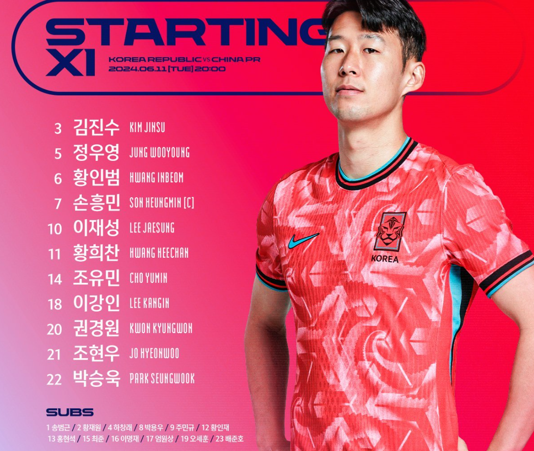 대한민국 중국 선발 라인업