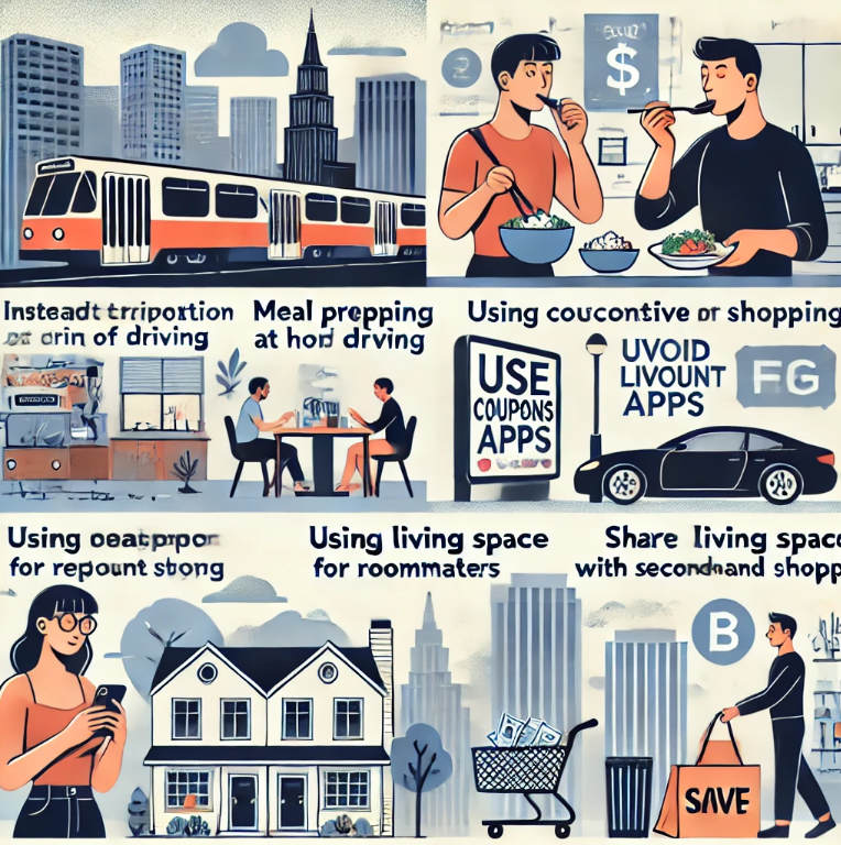 대도시에서 현실적으로 돈을 아끼는 방법을 표현한 이미지 (대중교통 이용, 식비 절약, 할인 활용, 룸메이트와 생활비 절감 등등)