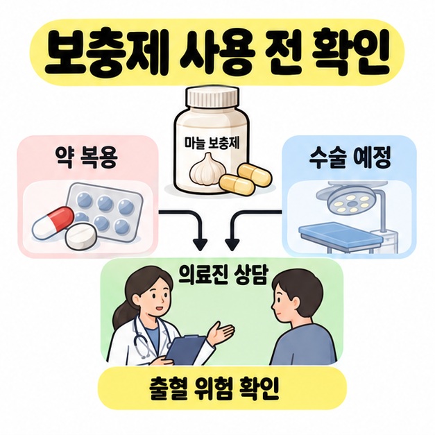 마늘 보충제 사용 시 약 복용과 수술 예정 여부를 의료진 상담으로 연결하고 출혈 위험 확인을 표시한 이미지