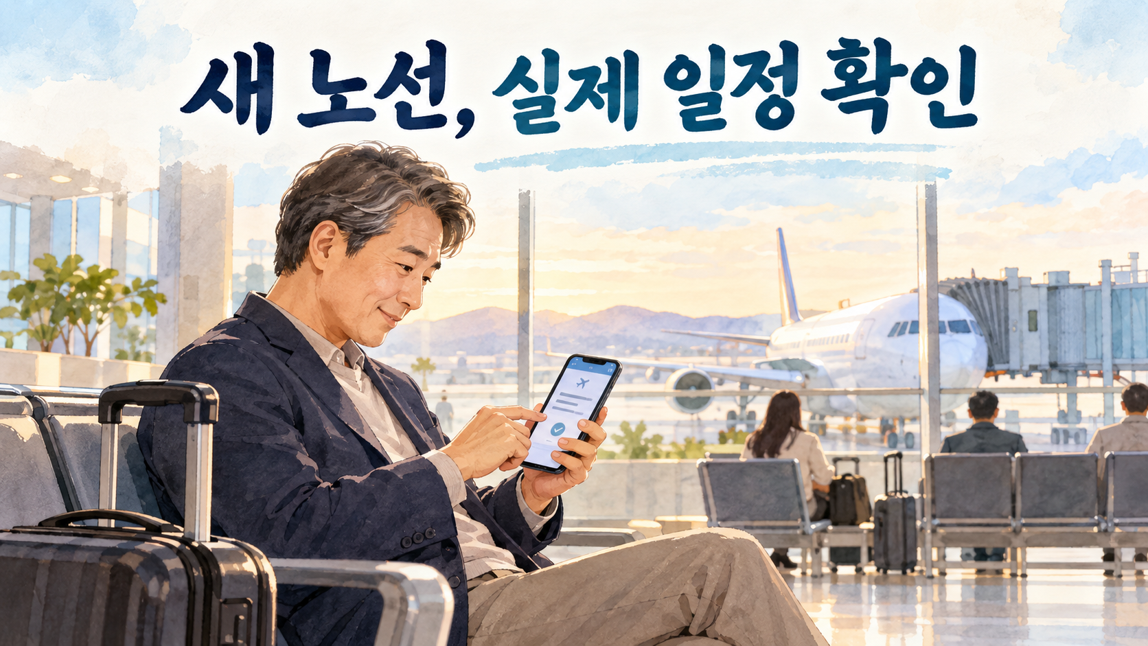공항에서 스마트폰으로 항공편 예약 내용을 확인하는 중장년 남성의 일러스트