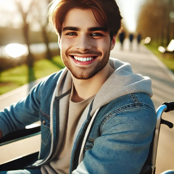 밝은 공원에서 휠체어를 탄 친근하고 따뜻한 청년의 초고해상도 사진