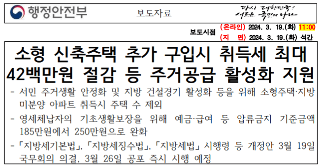 소형 신규주택 취득세 절감, 미분양 아파트 취득세 절감