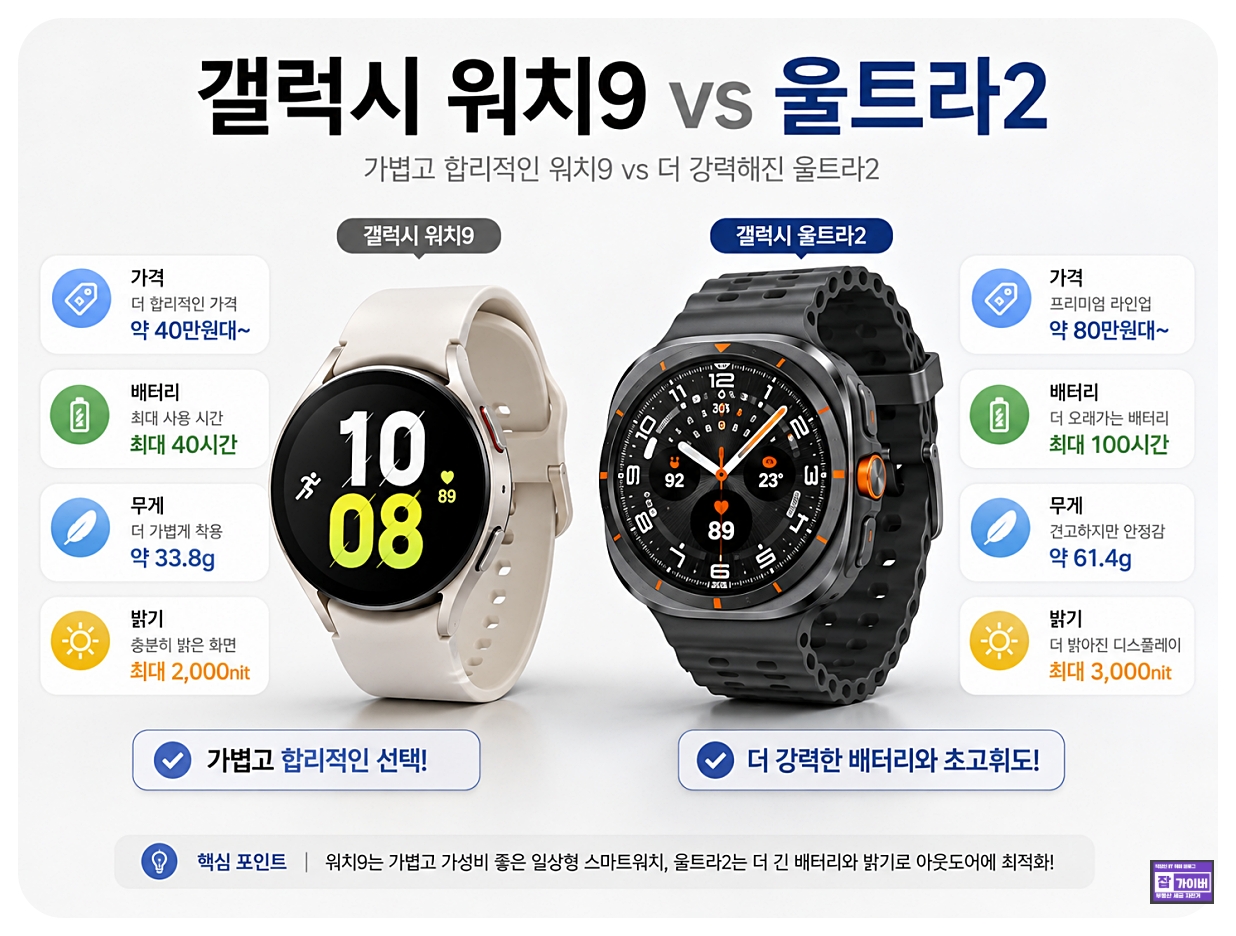 갤럭시 워치9과 갤럭시 워치 울트라2 가격 무게 배터리 밝기 비교