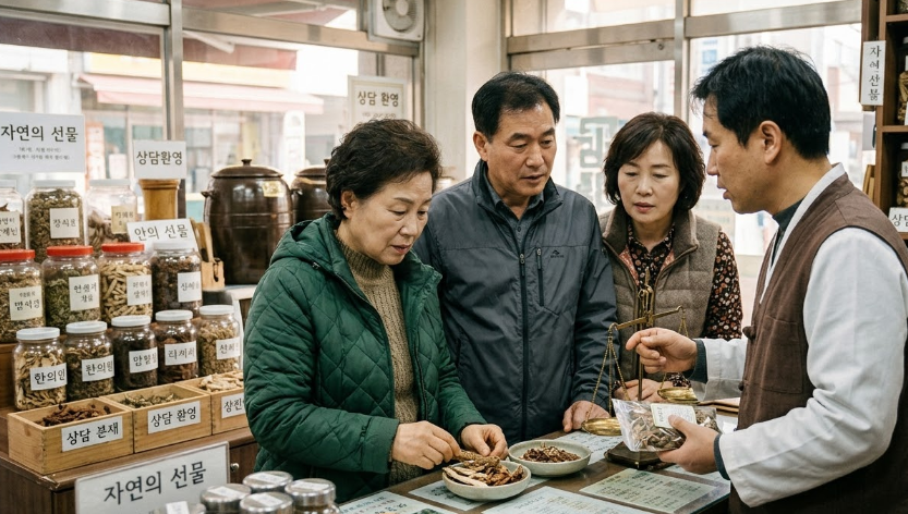 한약재를 궁금해 하고 있는 모습