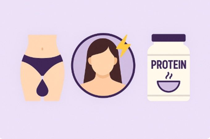 여성 건강을 상징하는 초현실적 일러스트 &ndash; 흐릿한 그림자로 피로와 감정 기복을 표현한 쪽과, 단백질 분자가 빛을 내며 활력을 주는 밝은 여성 실루엣이 대비되는 장면.