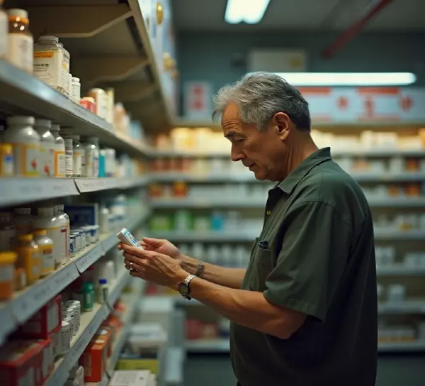 약국에서 영양제를 고르고 있는 50대 남성