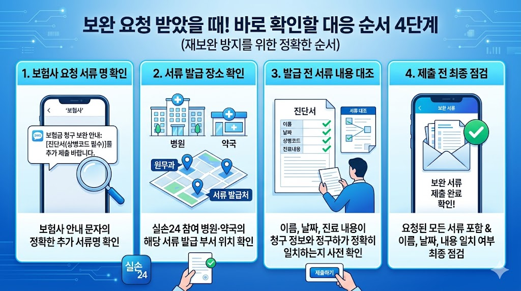 보완 요청을 받았을 때 바로 확인할 순서를 인포그래픽으로 묘사한 이미지