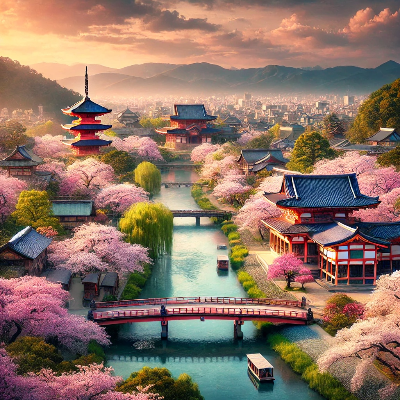 만개한 벚꽃과 전통 사찰이 어우러진 교토의 아름다운 봄 풍경