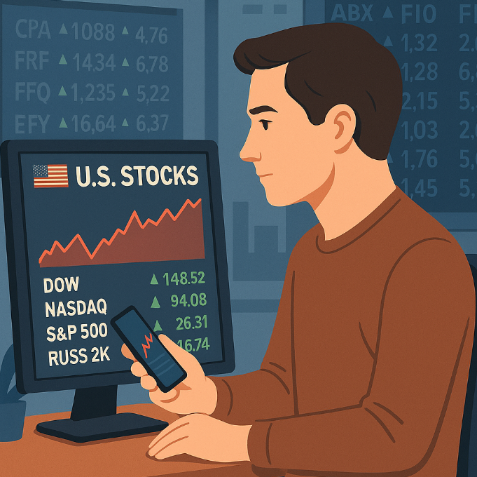 컴퓨터와 핸드폰을 보며 미국 주식투자하는 남성 이미지