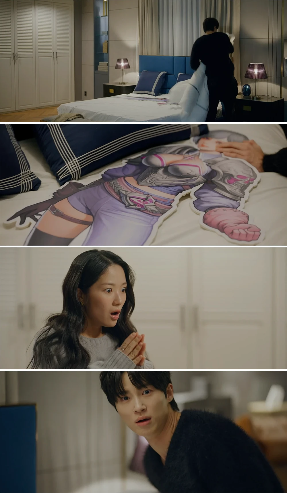 침대-위-여자-게임-캐릭터-등신대-보고-놀라는-솔이와-선재