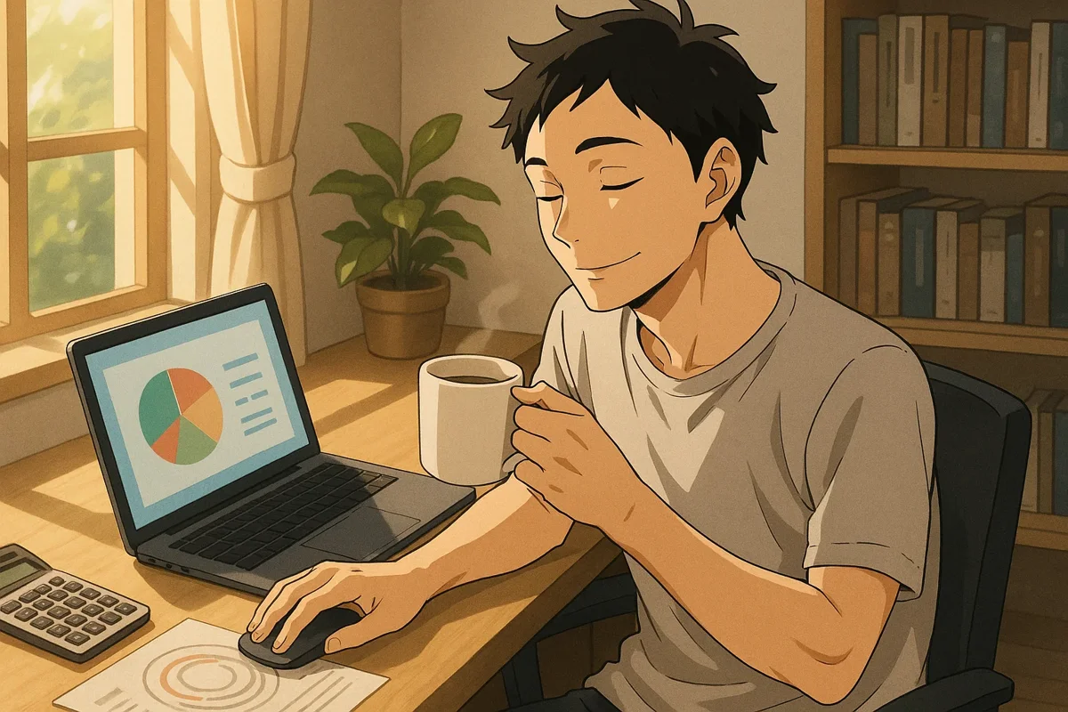 프리랜서가 노트북으로 가계부를 정리하며 미소짓는 모습, 주변에 차트와 계산기가 있는 깔끔한 홈오피스 환경