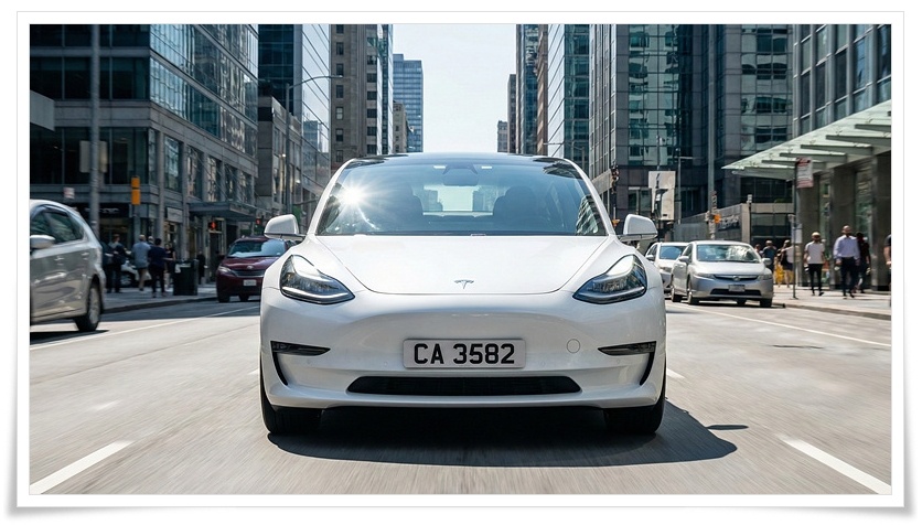 흰색 테슬라 모델 3가 도심 거리를 주행하는 전면 사진