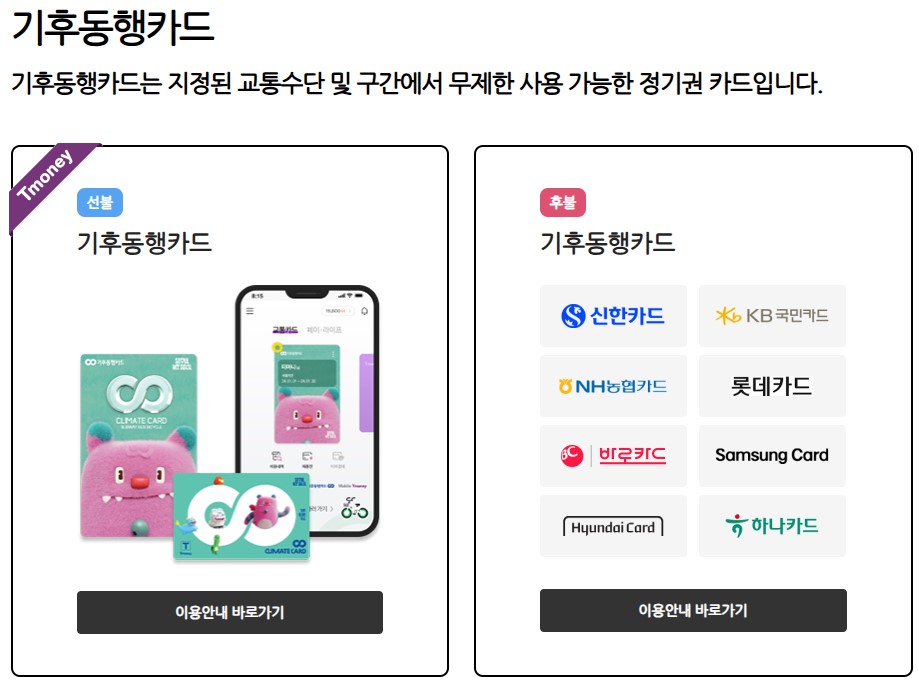 기후동행카드와 후불동행카드 티머니정기권소개
