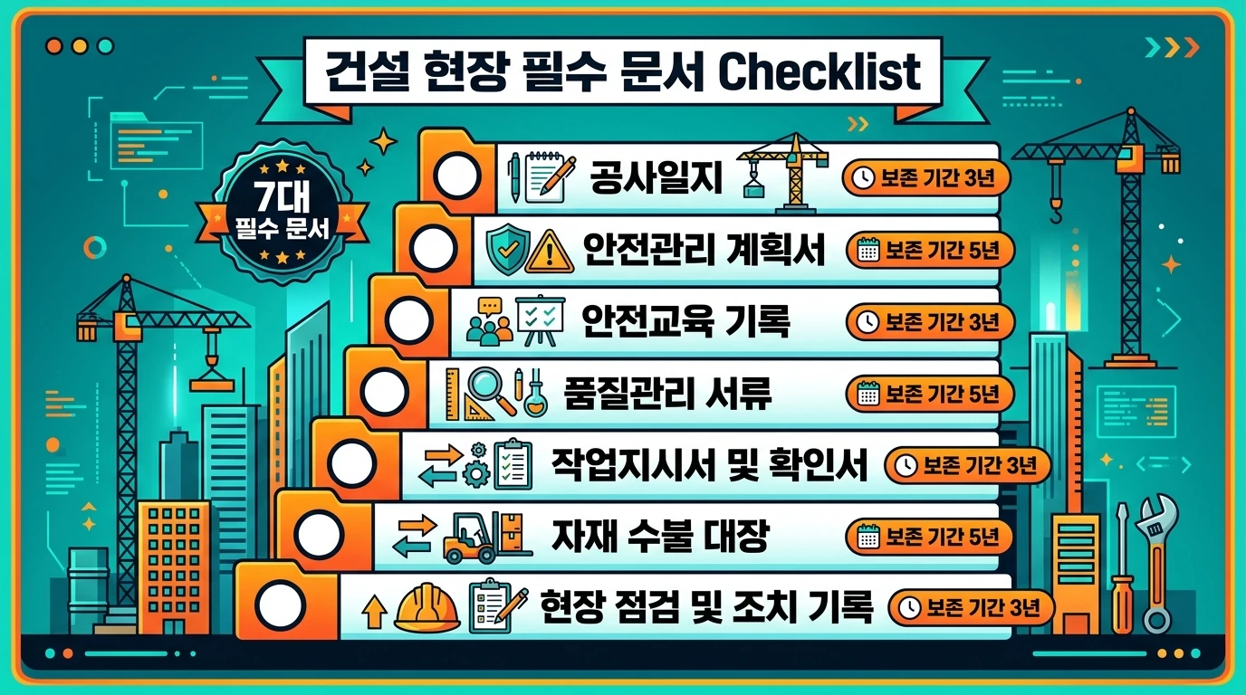 건설현장 필수 법정 서류 7가지 &mdash; 보존기간 3년&middot;5년&middot;30년 완전 정리 인포그래픽