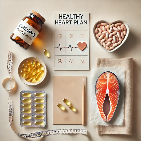 오메가-3 소프트젤, 연어, 건강 노트가 놓인 스튜디오컷