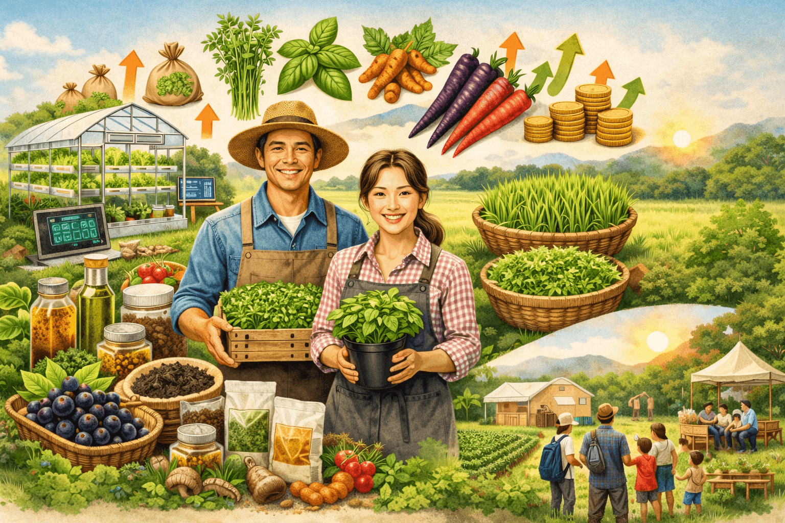 100평 규모의 소규모 농지에서 허브, 마이크로그린, 기능성 작물 등을 재배하며 직거래와 체험농업으로 수익을 만드는 소농 농업 전략을 표현한 일러스트 이미지 🌱🚜