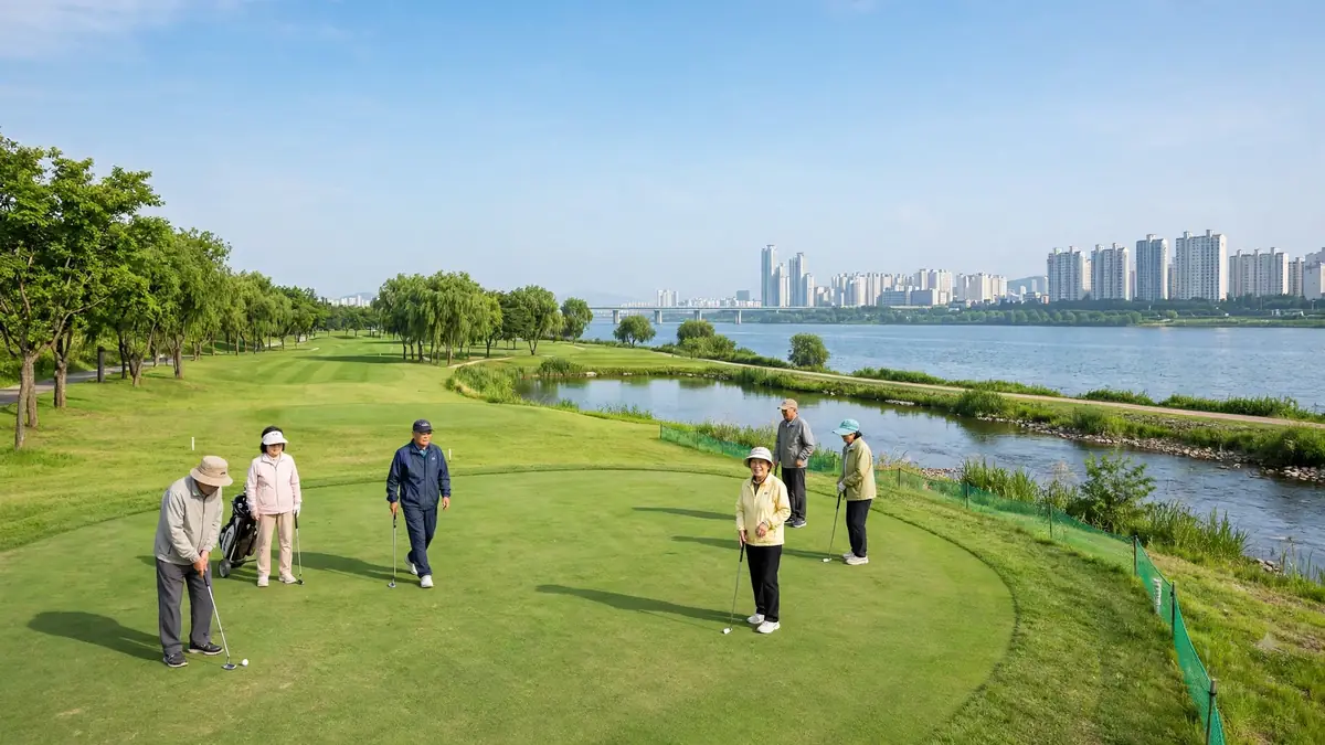 다산(왕숙천) 파크골프장(남양주) 왕숙천변 코스에서 파크골프를 즐기는 모습