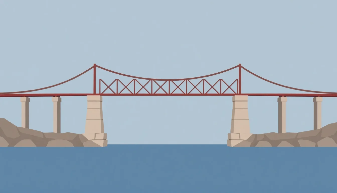 붉은색 현수교와 파란색 물, 회색 바위, 그리고 하늘색 배경