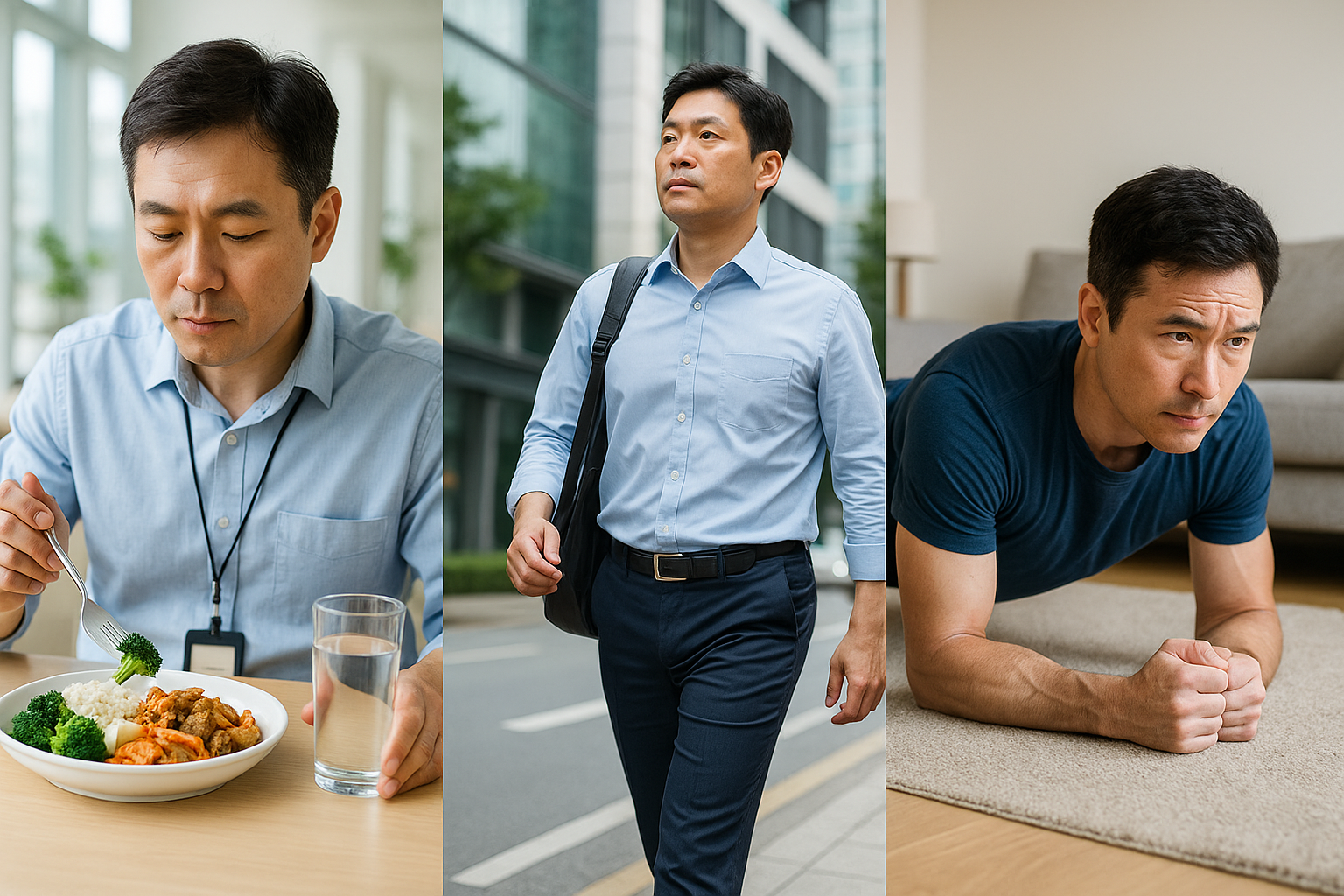 40대 직장인 남성의 건강한 식사, 출근, 운동 루틴 이미지