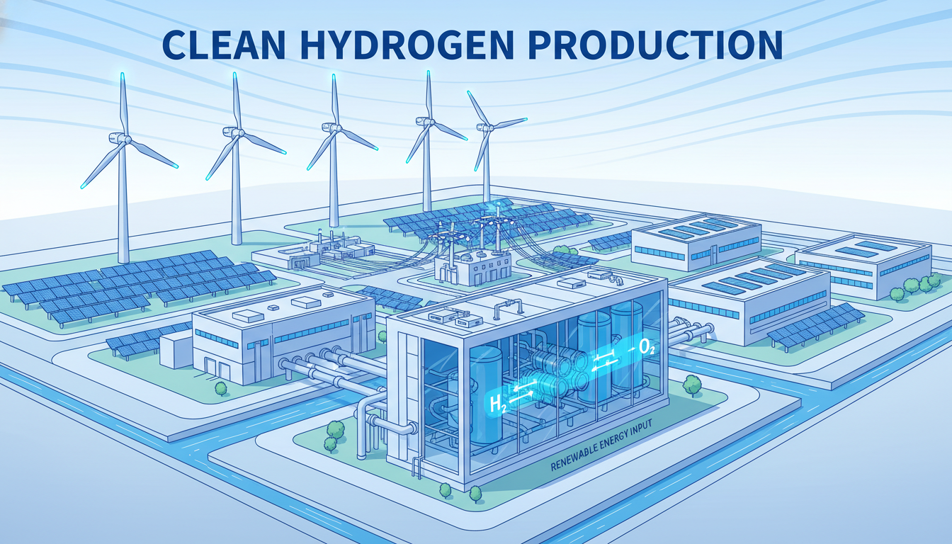 재생에너지로 구동되는 대규모 청정 수소 생산 플랜트의 모습. 현대적이고 효율적인 생산 공정을 보여줍니다.