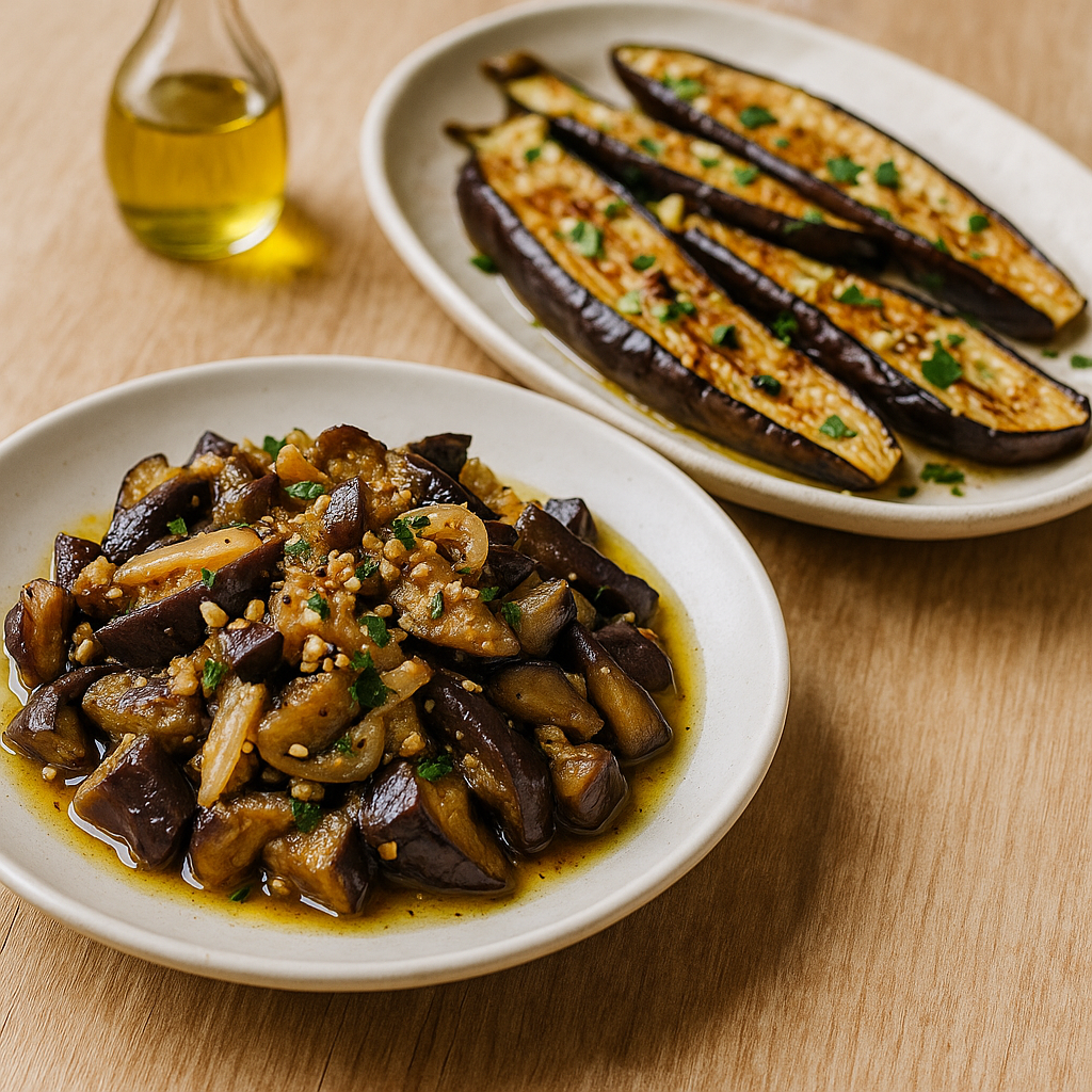가지볶음과 구운 가지를 담은 두 접시