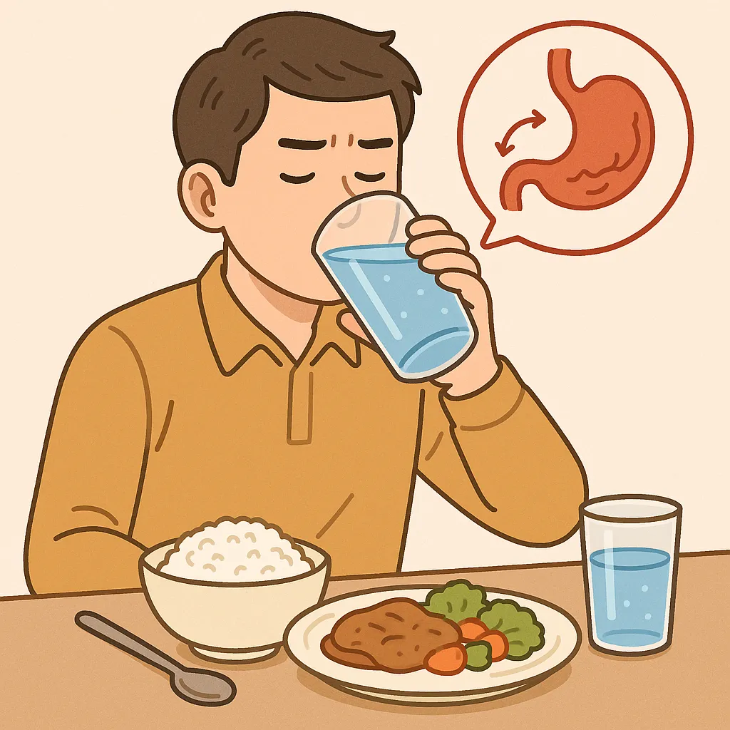 식사-중에-물을-마시는-남성의-모습을-통해,-과도한-수분이-위산을-희석시켜-소화과정에-영향을-줄-수-있다는-생리학적-원리를-시각적으로-표현한-일러스트
