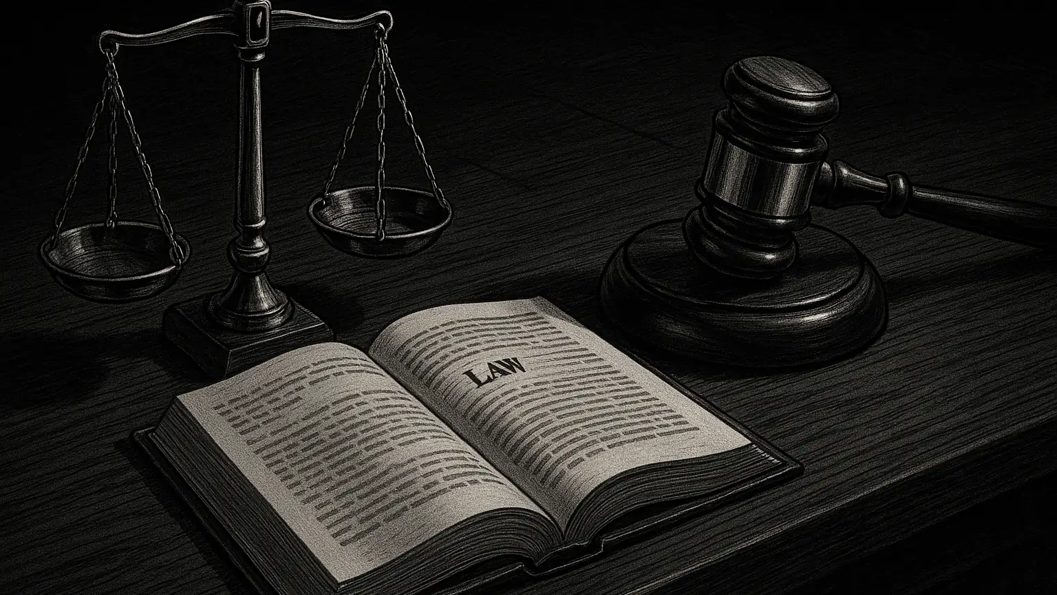 법정 망치와 저울, 사기죄 관련 법조문이 보이는 책상 위 장면