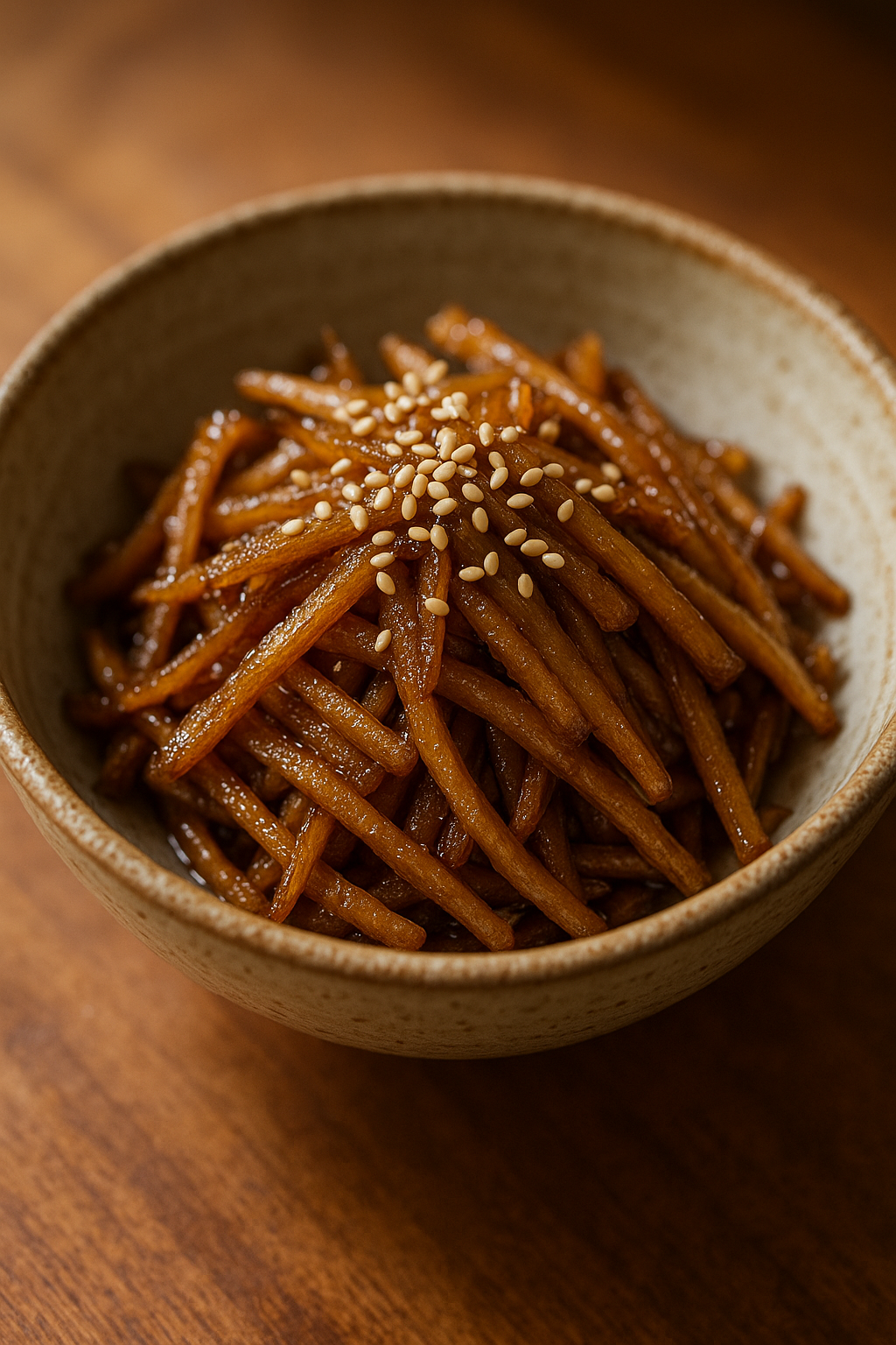 우엉채 간장조림이 담긴 한국식 도자기 그릇, 따뜻한 조명