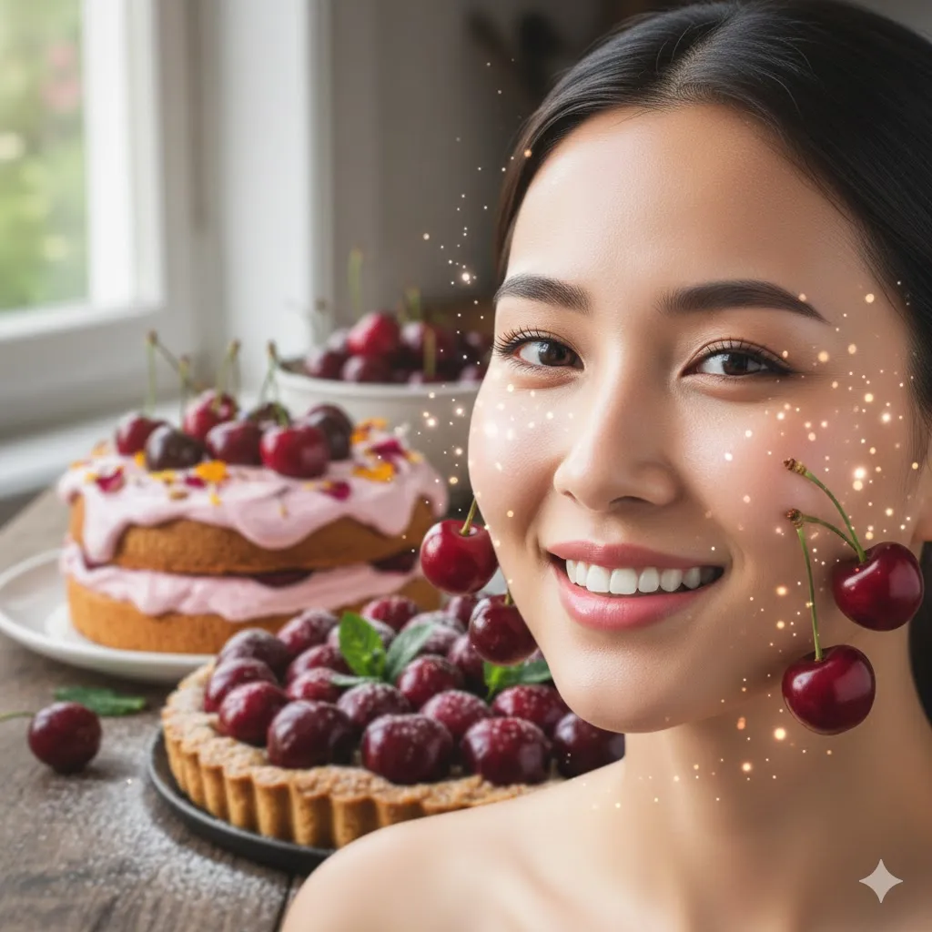 건강하고 화사한 피부를 가진 사람의 얼굴 옆에 체리가 놓여 있거나&amp;#44; 체리의 영양소가 피부에 흡수되는 듯한 시각적 효과를 연출합니다. 