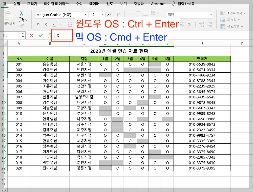 빈칸 셀이 모두 선택된 상태에서 입력창에 내용 입력하기