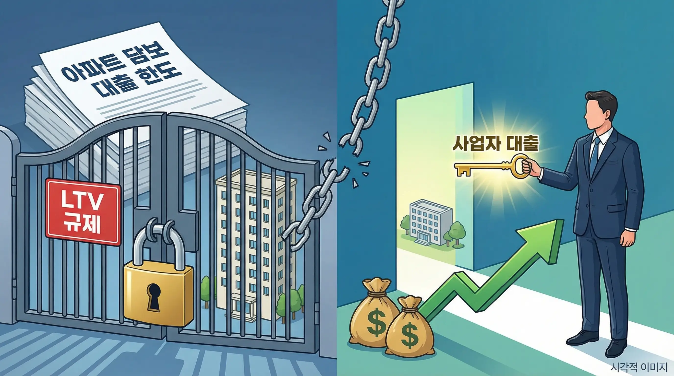 LTV 규제로 꽉 막힌 아파트 담보 대출 한도를 사업자 대출로 뚫어내는 시각적 이미지
