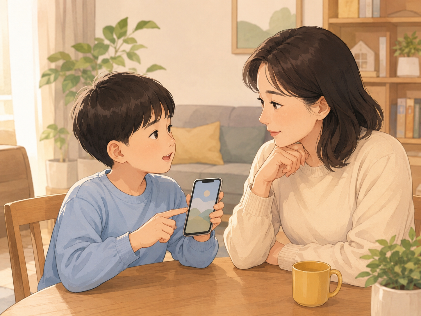 초등학생이 스마트폰 화면을 보호자에게 보여주며 이야기하는 장면