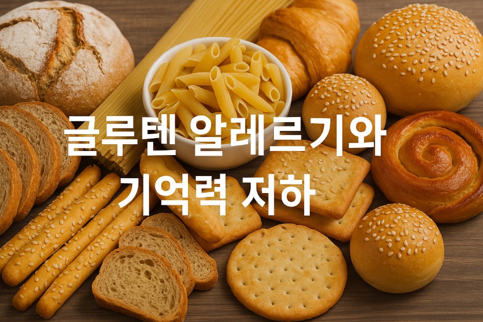 다양한 종류의 글루텐 함유 음식들이 테이블 위에 정렬되어 있는 모습을 보여준다. 사진 중앙에는 &quot;글루텐 알레르기와 기억력 저하&quot;라는 문구가 깔끔하게 삽입되어 있다.