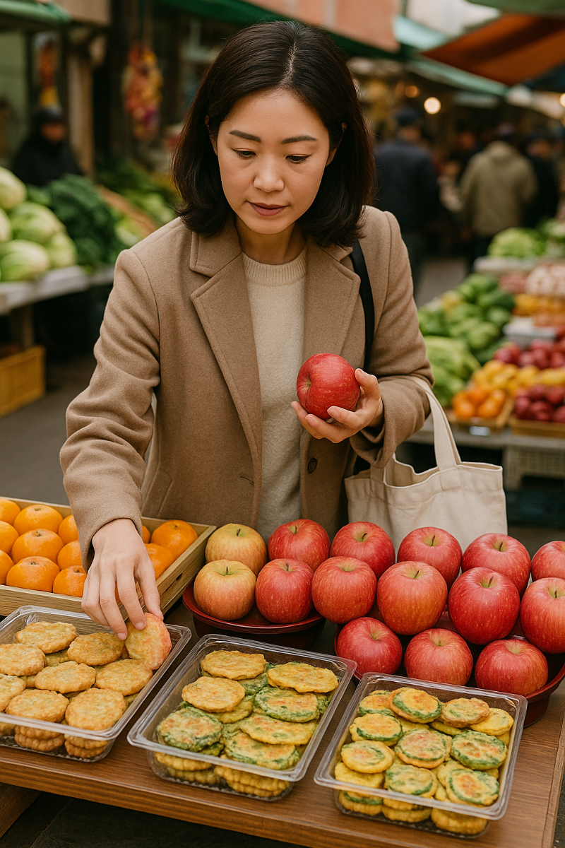 시장에서 명절 재료를 고르는 모습
