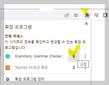 그래머리 확장 프로그램 핀 고정 사진