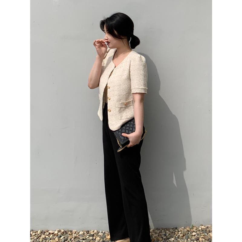 르로이 베이지 반팔트위드자켓 여름아우터 하객룩 여름자켓