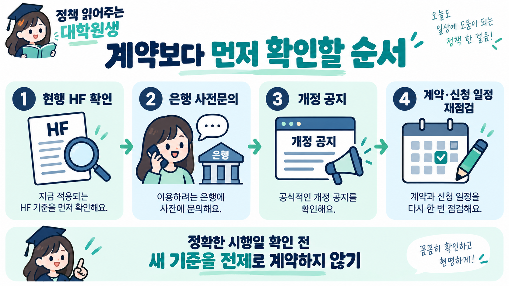 2026년 10월 전에는 HF 현행 페이지와 은행을 확인하고, 개정 공지 뒤 적용일과 세부요건을 재확인하는 준비 순서 이미지.