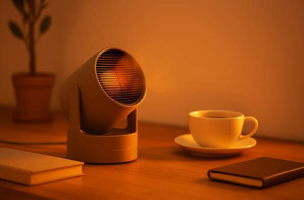 루메나 온풍기가 따뜻한 분위기의 책상 위를 비추는 장면