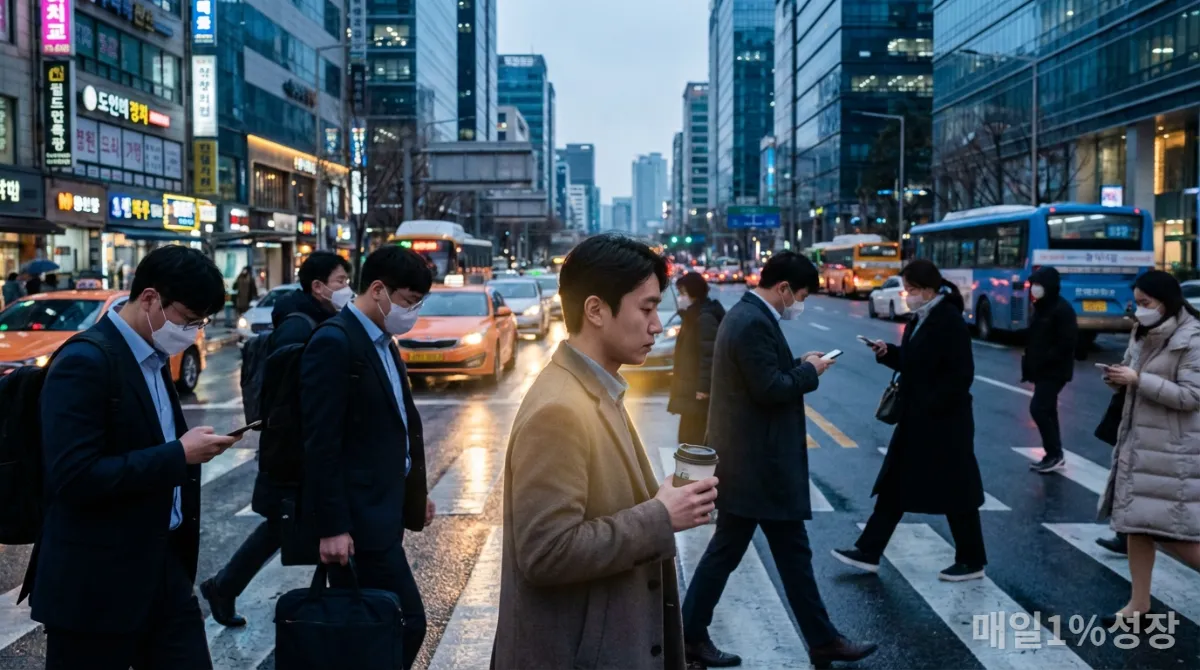 바쁜 한국 도시 거리 풍경 속에서 스트레스 받는 사람들과 멘탈 웰빙의 중요성을 상징하는 이미지