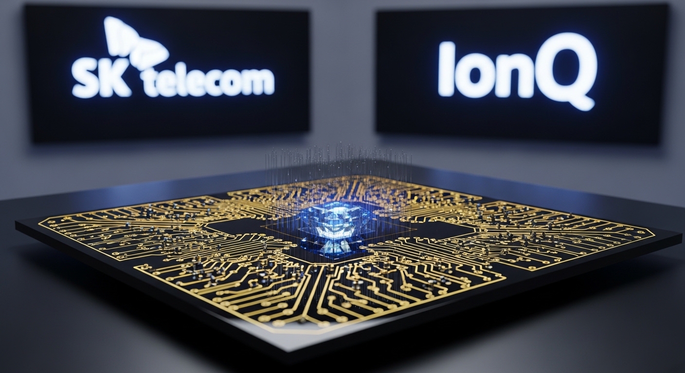 양자컴퓨터 칩 이미지, 배경에 'SK텔레콤', 'IonQ' 텍스트 표시.