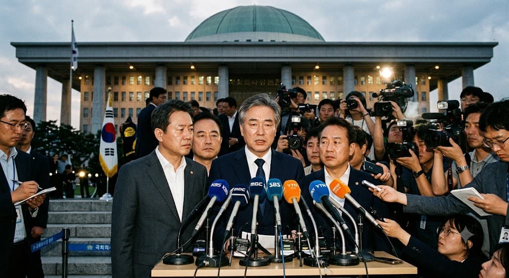 국회 본관 앞에서 마이크 여러 대에 둘러싸인 정장 차림 남성 정치인들의 긴장된 기자회견 장면